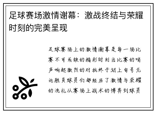 足球赛场激情谢幕：激战终结与荣耀时刻的完美呈现