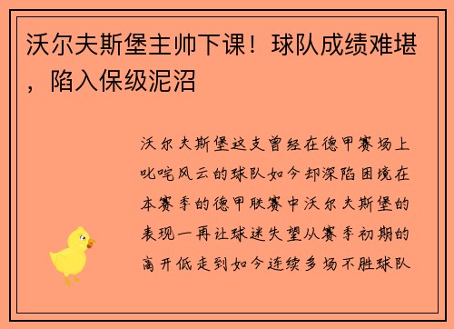 沃尔夫斯堡主帅下课！球队成绩难堪，陷入保级泥沼