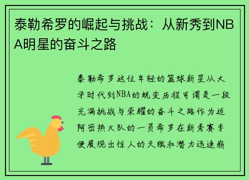 泰勒希罗的崛起与挑战：从新秀到NBA明星的奋斗之路