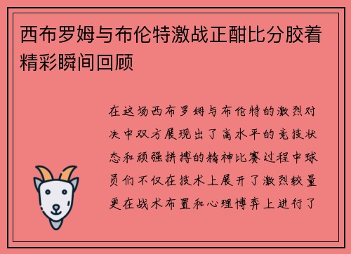 西布罗姆与布伦特激战正酣比分胶着精彩瞬间回顾