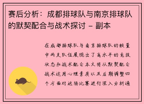赛后分析：成都排球队与南京排球队的默契配合与战术探讨 - 副本