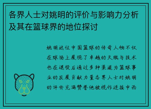 各界人士对姚明的评价与影响力分析及其在篮球界的地位探讨